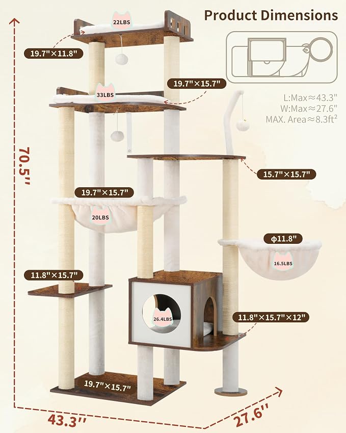 Heybly Cat Tree, 70.5 Inch Wood Tall Cat Tower - Image 3