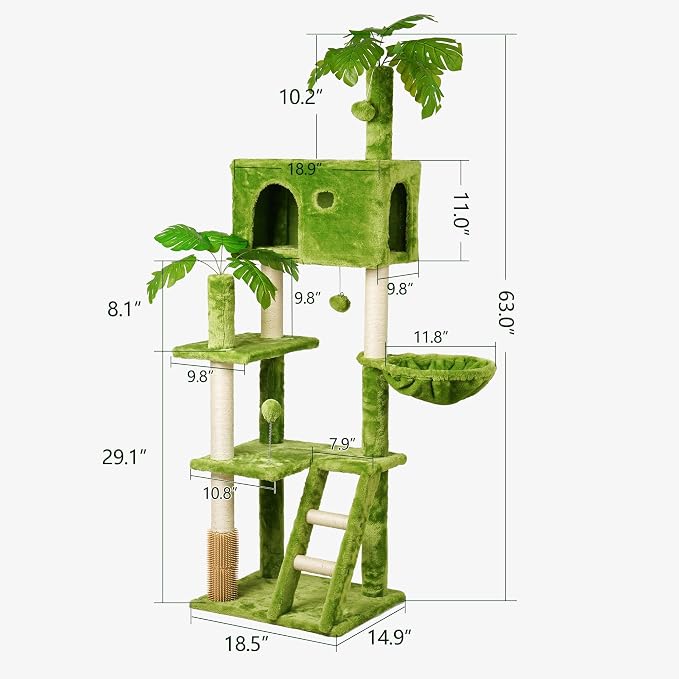 65in Tall Cat Tree with Leaves for Indoor Cats, Hanging Hammock, Cozy Perch - Image 3