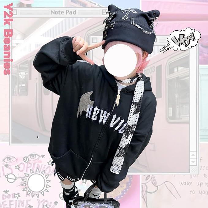 Goth Cat Beanie Goth Hat Accessories Punk Cat Ear Beanie Hat - Image 5