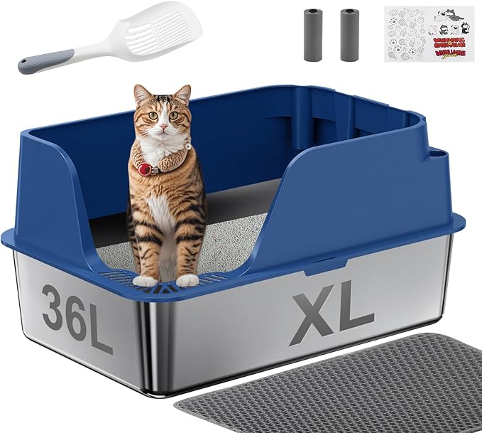 Non-stick Stainless Steel Litter Box, XL Side Opening Splash-Proof & Leak-Proof by Ellenpent