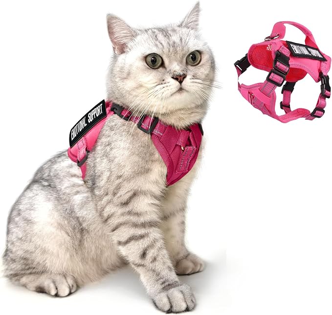 Tactical Cat Harness Pink for Walking Esacpe Proof, Adjustable Soft Mesh Large by Papipets
