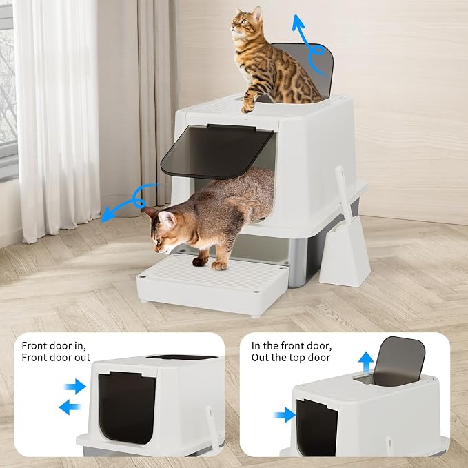 RIZZARI Stainless Steel Cat Box: Beige Leak-Proof Large Enclosed Litter Pan - Image 4