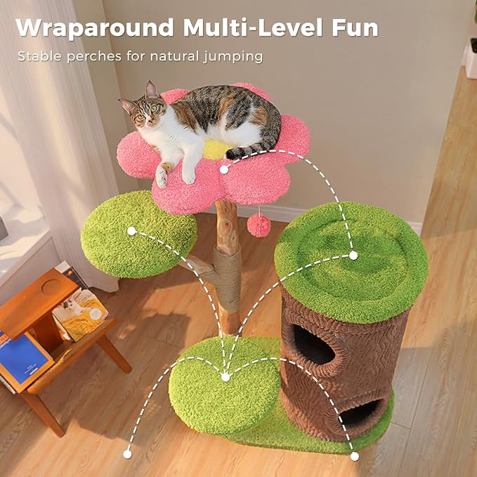 Wood Cat Tree with Flower Perch, 53.5" Modern Cat Tower w/Natural Solid Wood - Image 4
