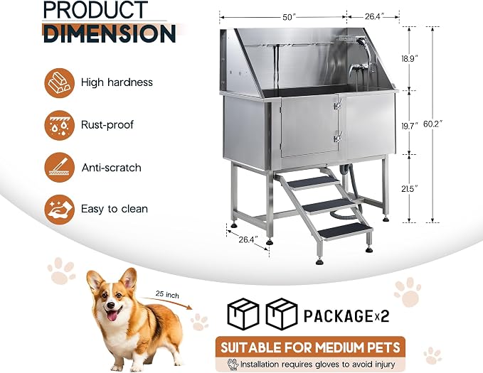 Albott 50-Inch Stainless Steel Dog Washing Station with Anti-Slip Steps, Sprayer, Faucet, and Soap Box – Professional Pet Bathtub for Medium/Small Pets, Ideal for Home, Garage, and Grooming(Left) - Image 7