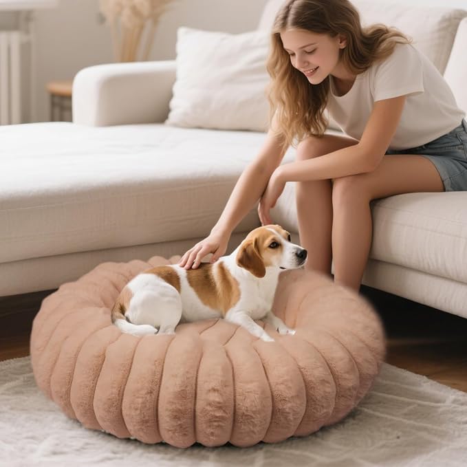 Donut Dog and Cat Bed, Luxurious Comfortable Faux Rabbit Fur Pet Beds, Round - Image 9