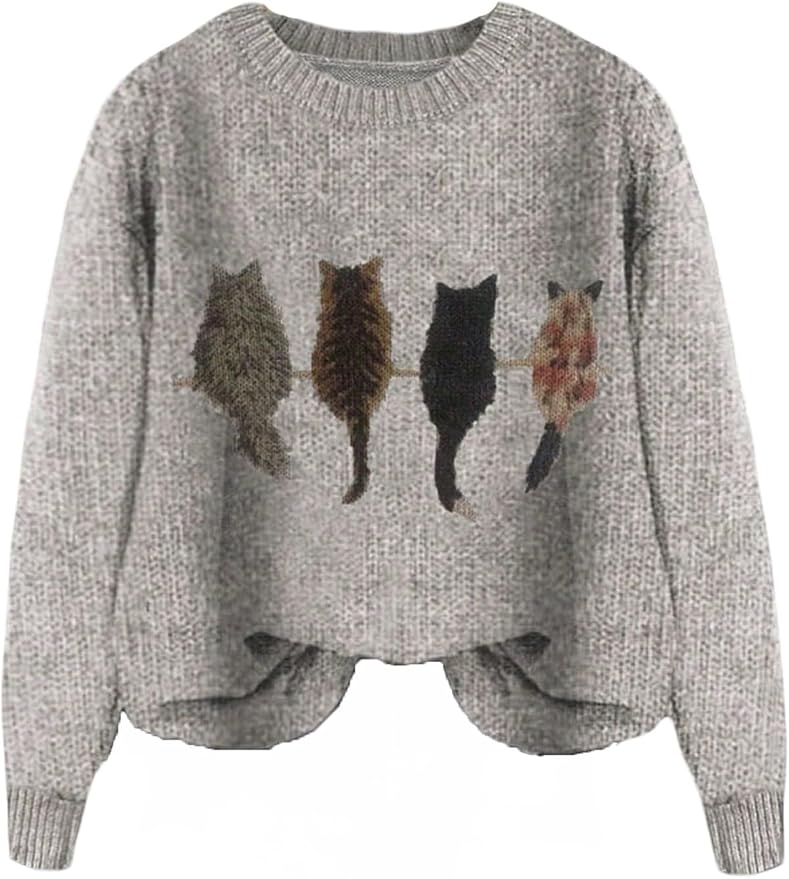 WDIRARA Women's Cat Graphic Sweater Long Sleeve Crew Neck Knit Tops Casual by WDIRARA