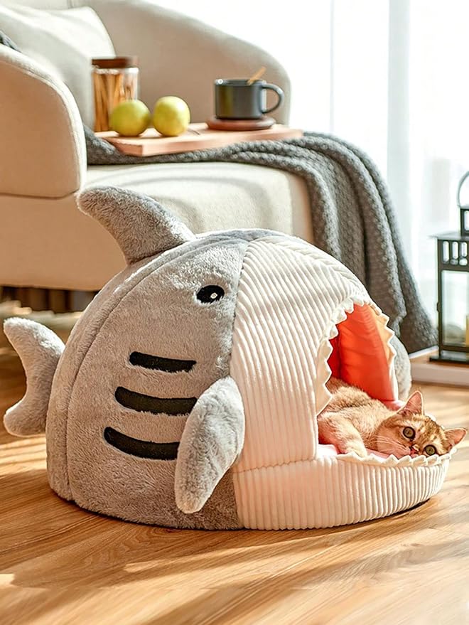 QWINEE Cat Mat Shark-Shaped Kennel Kitten Bed Hideout House Warm Soft - Image 4