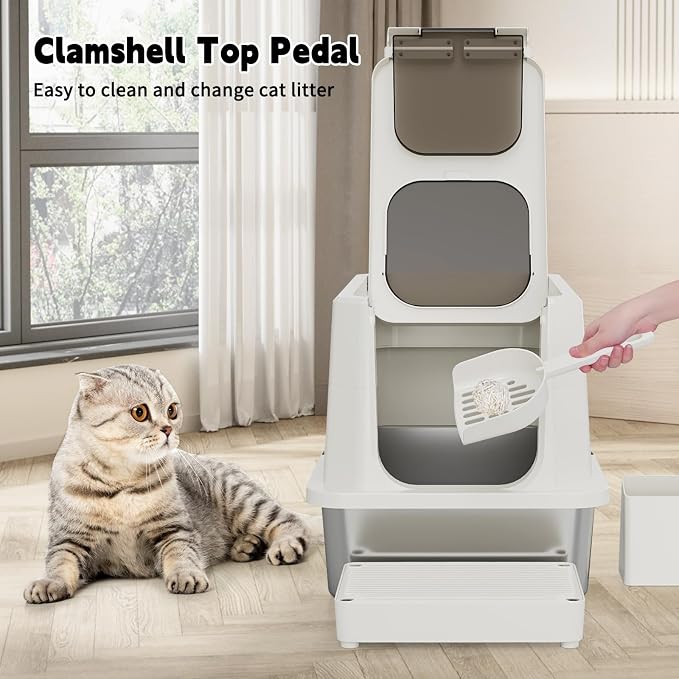 RIZZARI Stainless Steel Cat Box: Beige Leak-Proof Large Enclosed Litter Pan - Image 7