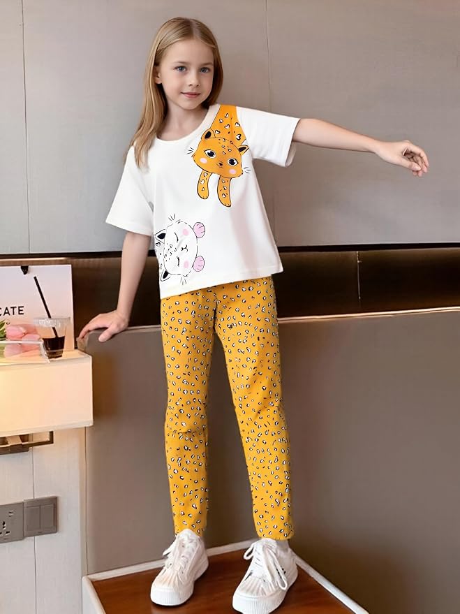 4-8T Toddler Girl Clothes Cat face print Short Sleeve Top+Pants Outfits Girl - Image 5