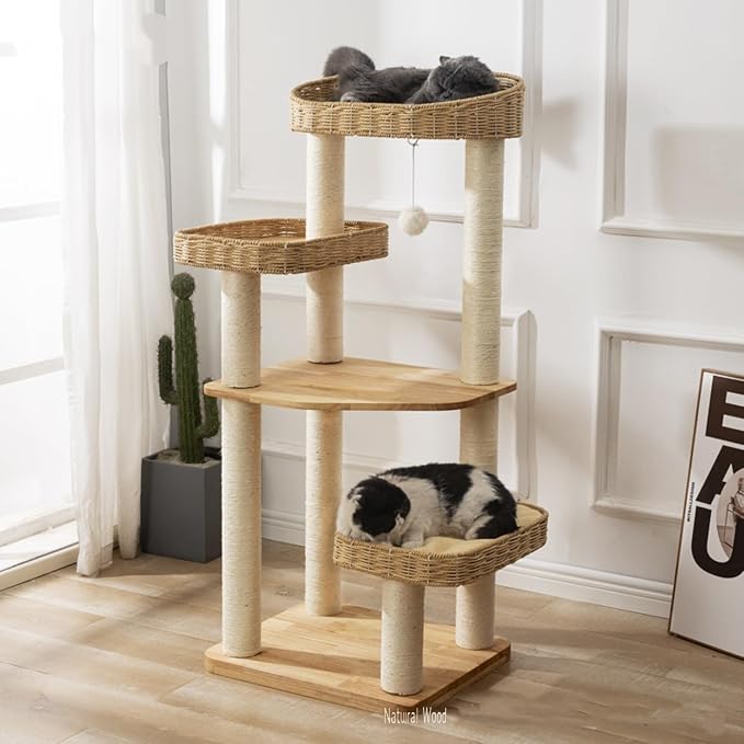 SHENGOCASE Modern Natural Wood Wooden Cat Tree Tower, 3 Large Rattan Wicker - Image 2