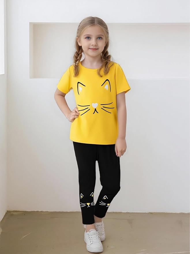 4-8T Toddler Girl Clothes Cat face print Short Sleeve Top+Pants Outfits Girl - Image 2