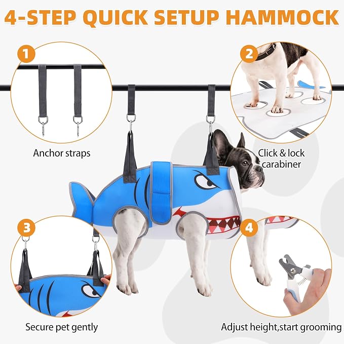 Dog Grooming Hammock for Small Dogs Cats, Cute Shark Design Dog Hanging Harness - Image 5