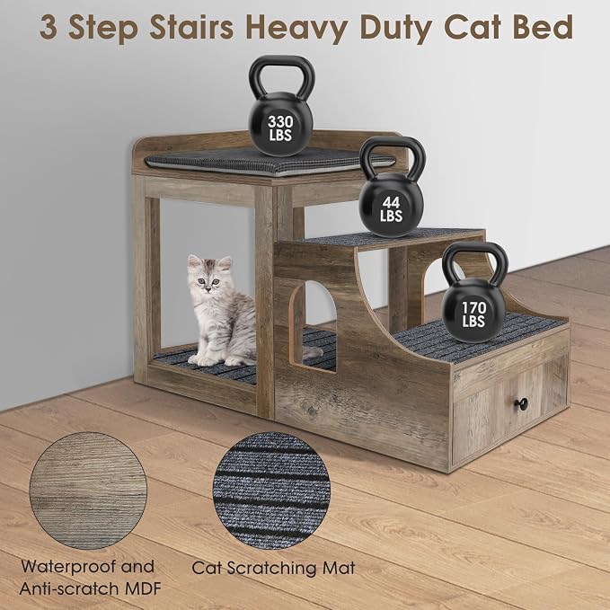 Cat Window Perch with Removable Stairs, Large Pet Bunk Bed with Drawer and - Image 3