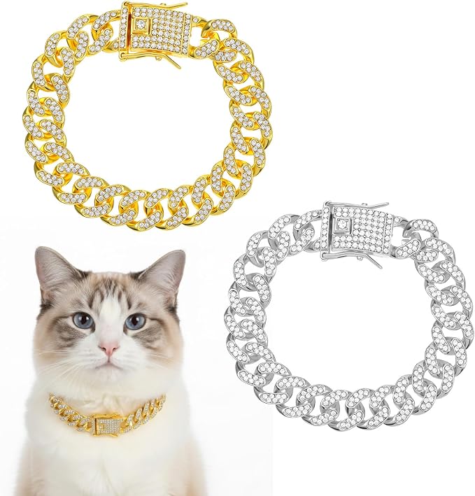 2Pcs Cuban Link Dog Collar Cat Chain Collar Diamond Cat Collar Kitten Walking by Bremorou