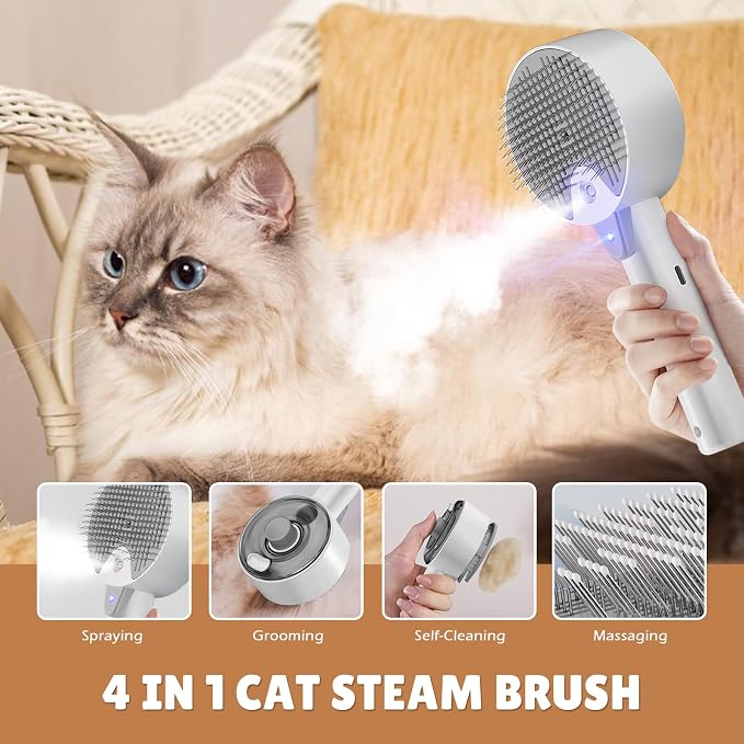 Cat Steam Brush, Cat Brushes for Indoor Cats, 4 In 1Spritz Spray Defur Comb - Image 2
