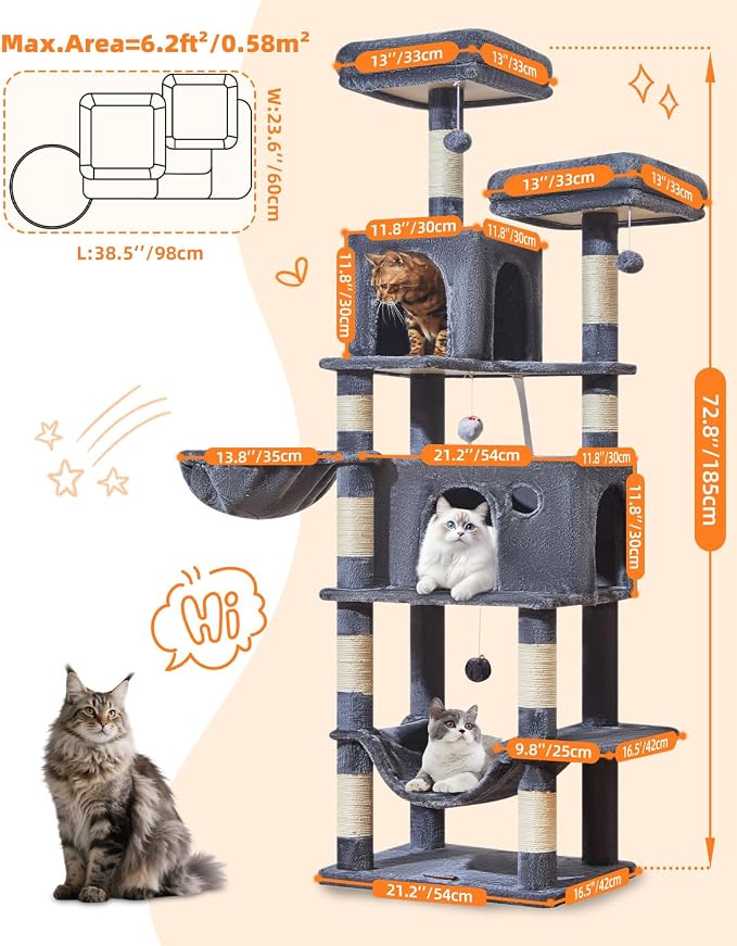 Taoqimiao Large Cat Tree，73-Inch Cat Tree Tower - Image 2