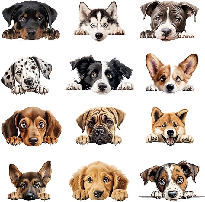 12pcs Peeking Dogs Iron On Heat Transfer Stickers Ready to Press Vinyl Decal by Amazingxy