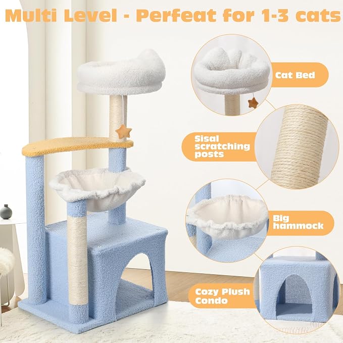 Cat Tree with Sisal Scratching Posts Cat Tower with Hammock Cute Cat Condo - Image 3