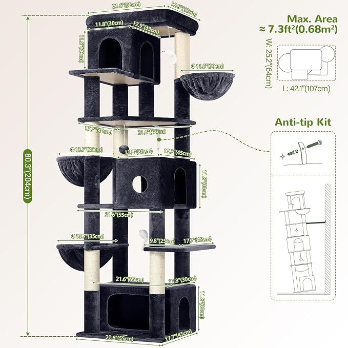 Globlazer Large Cat Tree, 80 inch Multi-Level Tall Climbing Tower Kitty Condos - Image 6