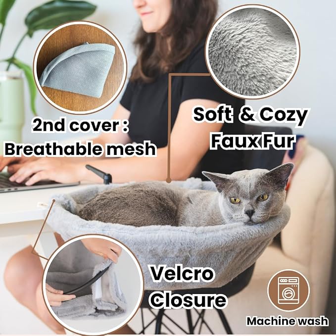Cat Desk Bed – 180° Rotating & Adjustable Cat Hammock, 2 Washable Covers - Image 6
