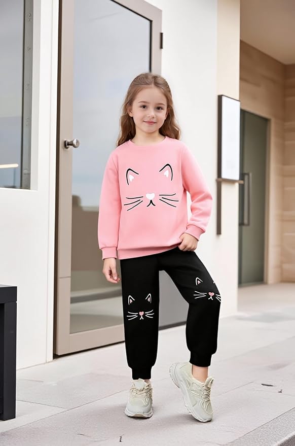 4-8T Toddler Girl Clothes Cat face print Short Sleeve Top+Pants Outfits Girl - Image 2