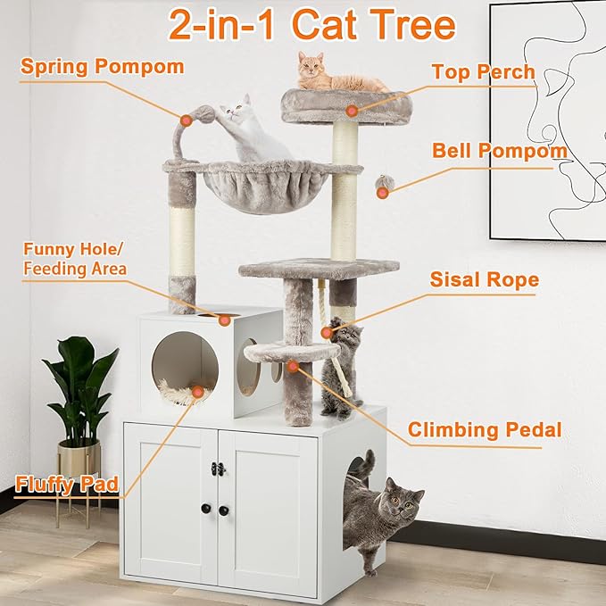 Cat Tree with Litter Box Enclosure, 2-in-1 Cat Tower - Image 2