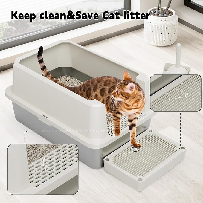 RIZZARI Open Cat Litter Box: Large Beige Stainless Steel Litter Pan 23.8" x - Image 3