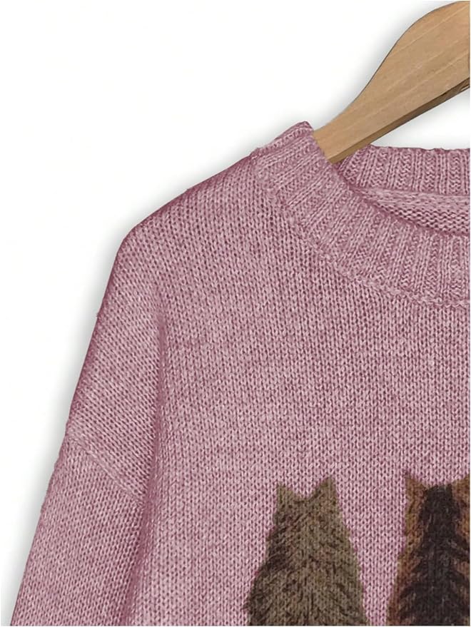 WDIRARA Women's Cat Graphic Sweater Long Sleeve Crew Neck Knit Tops Casual - Image 4