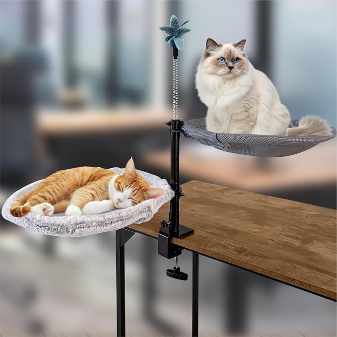 2-Tier Large Cat Desk Bed with Dual Hammocks | Ultra-Soft Removable Fur & by Wiki3C