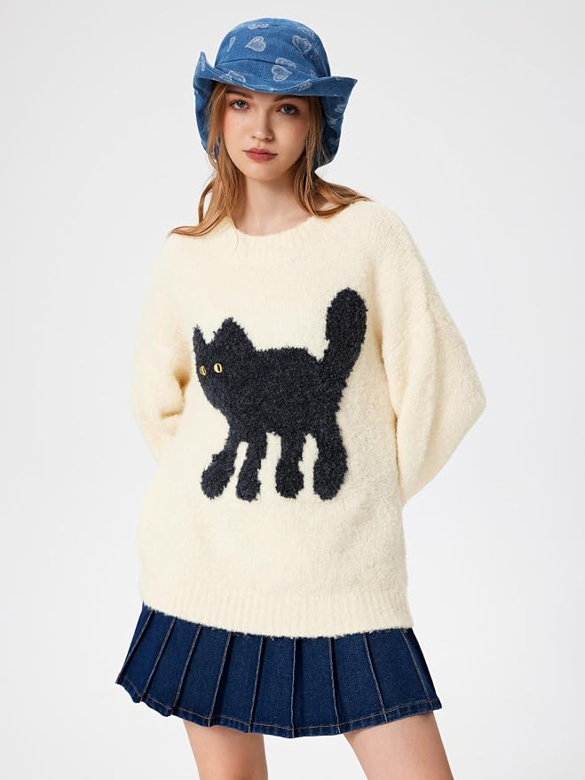 CIDER Women’s Cat Sweater Long Sleeve Crew Neck Fun Graphic Cute Patterned - Image 2