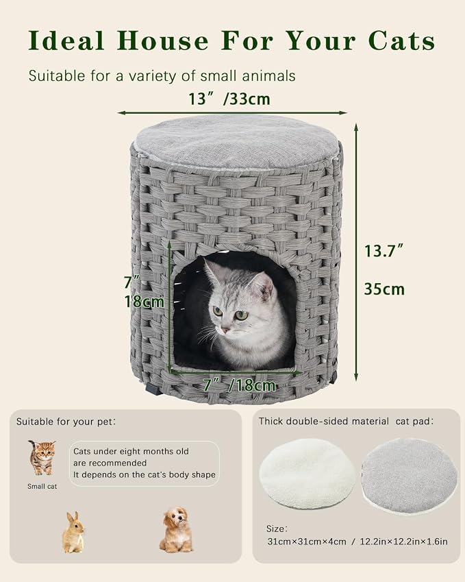 Cat House for Indoor Cat, Small Cat Houses Handwoven PE Rattan Kitten Cave - Image 5