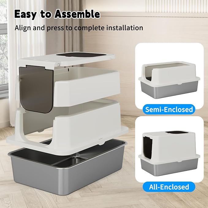 RIZZARI Stainless Steel Cat Box: Beige Leak-Proof Large Enclosed Litter Pan - Image 6