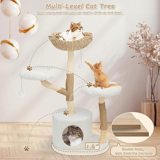 Modern Cat Tree Tower, Solid Wood Multi-Level w/ 2 Flower Perches, Scratching - Image 5