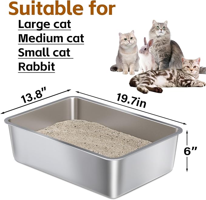 Stainless Steel Litter Box Large, Metal Cat Litter Box 6" High Sided, Metal - Image 2