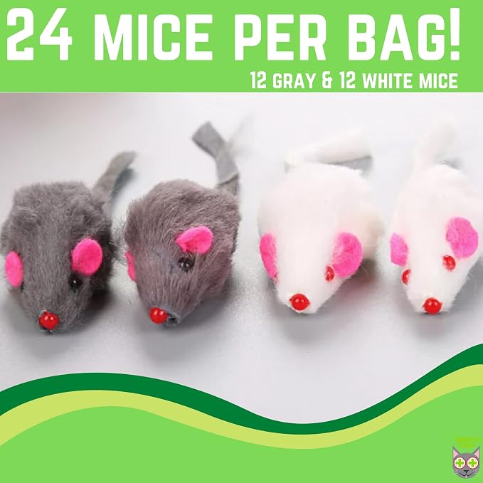 Smokey's Stash Rabbit Fur Mouse Cat Toy 24 per Pack White and Gray Fuzzy Toys - Image 5