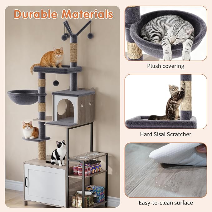 Cat Tree with Food Station and Litter Box Enclosure, Plush Hammock in Gray - Image 7