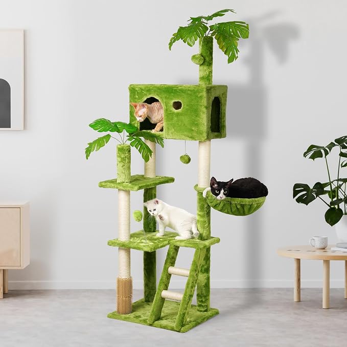 65in Tall Cat Tree with Leaves for Indoor Cats, Hanging Hammock, Cozy Perch - Image 7