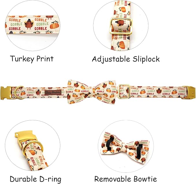 Dog Collar, Thanksgiving Turkey Pet Collar Bow Holiday Girl Boy Puppy Collar - Image 2