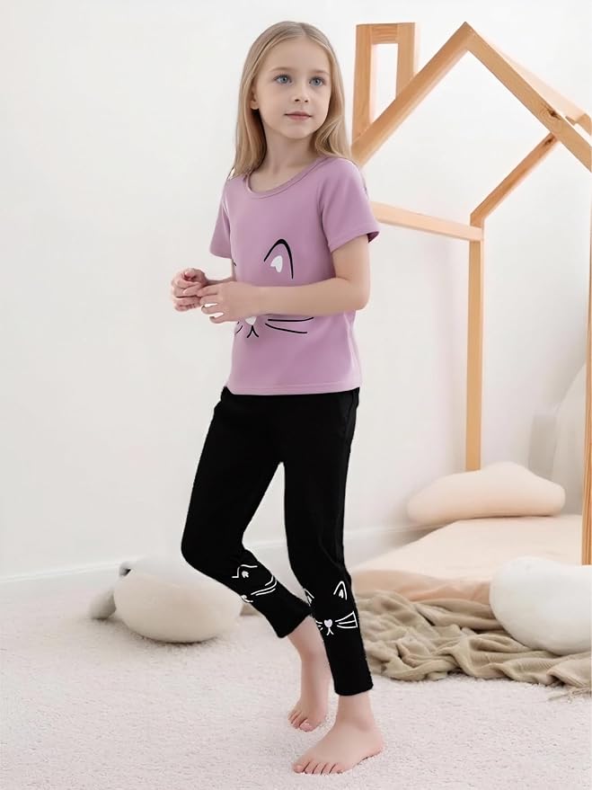 4-8T Toddler Girl Clothes Cat face print Short Sleeve Top+Pants Outfits Girl - Image 2