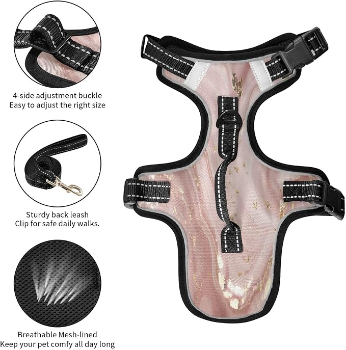 Rose Gold Abstract Marble Dog/Cat Harness, Reflective No-Pull Pet Harness - Image 6