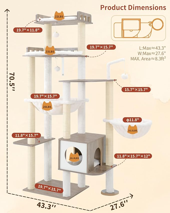 Heybly Cat Tree, 70.5 Inch Wood Tall Cat Tower - Image 3