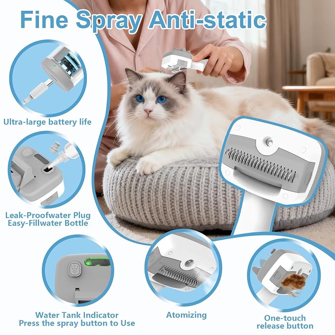 Pet Steam Brush for Dogs & Cats – Self Cleaning, 3 in 1 Hair Removal Comb Steam - Image 3