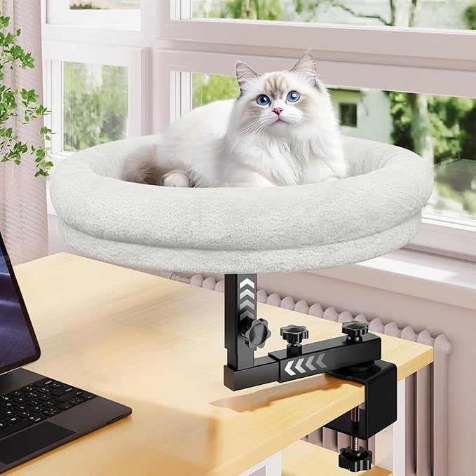 Large Cat Desk Bed, 360°Rotating & Adjustable Shelf, Soft Faux Fur by Chloraeon