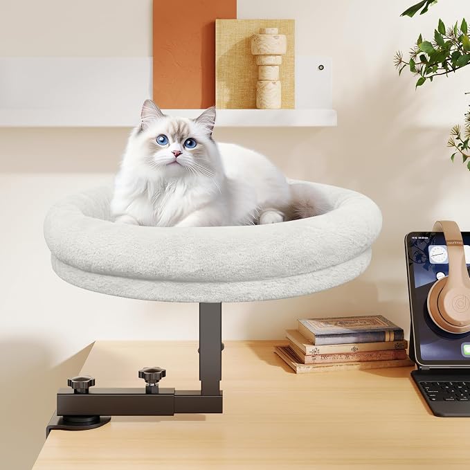 Large Cat Desk Bed, 360°Rotating & Adjustable Shelf, Soft Faux Fur - Image 8