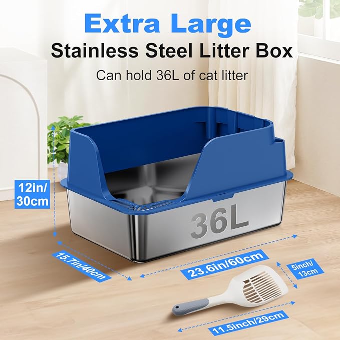 Non-stick Stainless Steel Litter Box, XL Side Opening Splash-Proof & Leak-Proof - Image 2