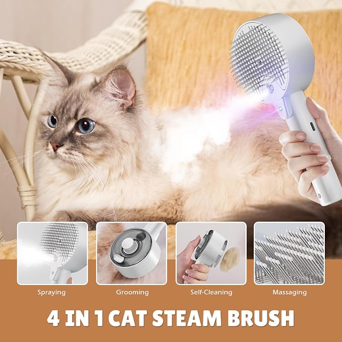 Cat Steam Brush, Cat Brushes for Indoor Cats, 4 In 1Spritz Spray Defur Comb - Image 2