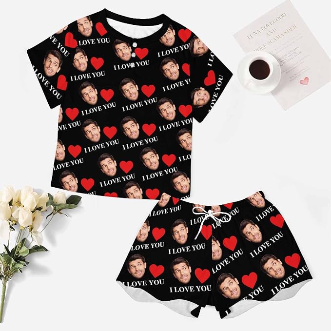 Custom Short Pajamas Set with Face Photo Women‘s Sleepwear Tee Personalized PJ - Image 5