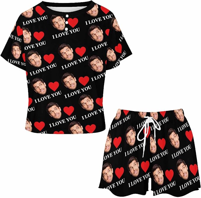 Custom Short Pajamas Set with Face Photo Women‘s Sleepwear Tee Personalized PJ - Image 4