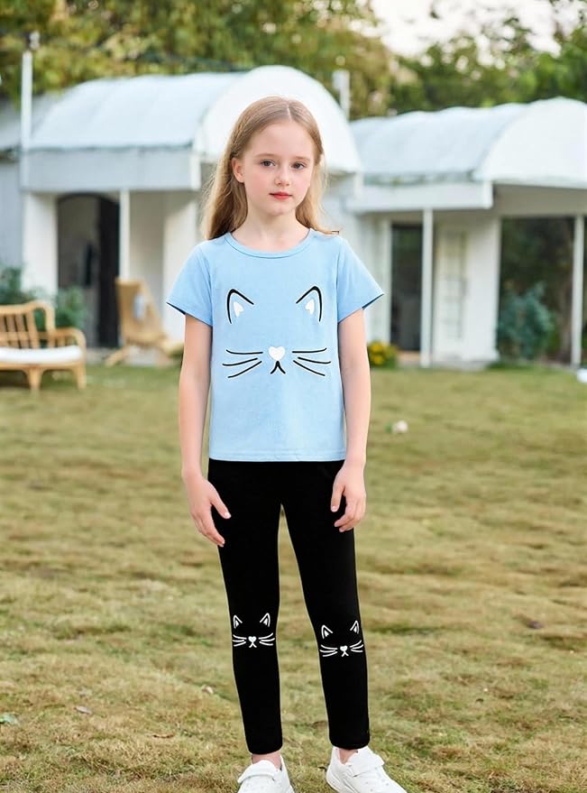 4-8T Toddler Girl Clothes Cat face print Short Sleeve Top+Pants Outfits Girl - Image 5
