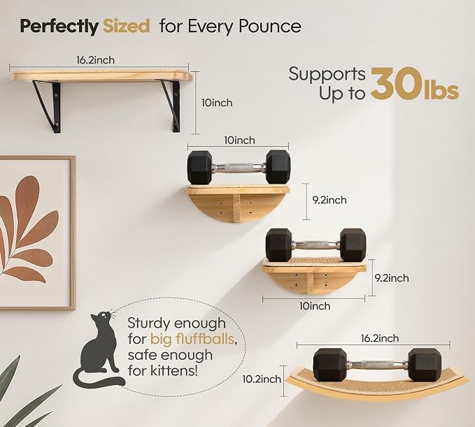 Cat Wall Shelves with Sisal Pads, 4-Piece Wooden Cats Furniture Set with Cat - Image 8